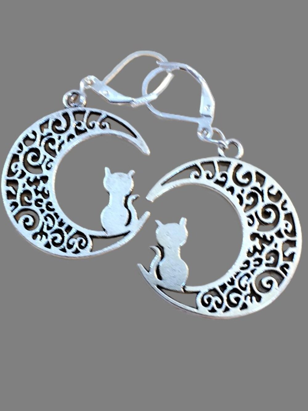 Handmade Cat on Crescent Moon Silver Plated Lever back Filigree Earrings